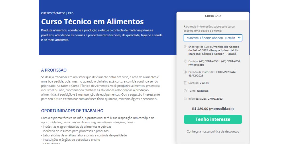 Página de inscrição do curso técnico no Senai 