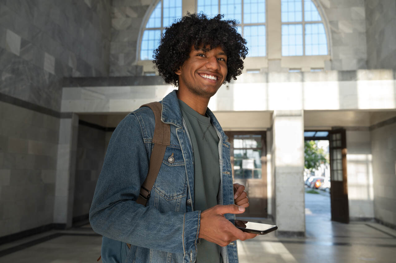 Estudante negro com mochila nas costas e celular 
