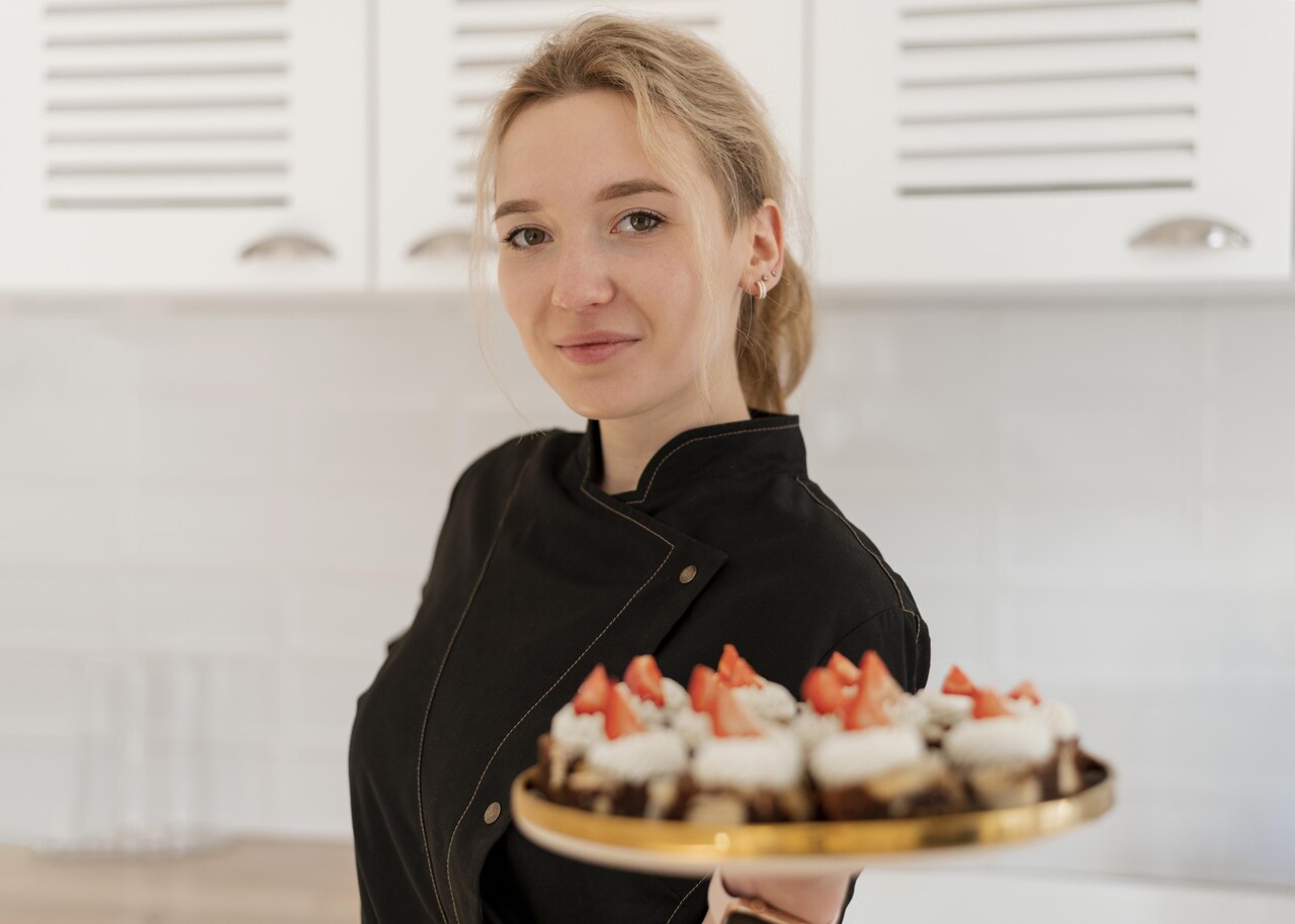 Confeiteira mostra doce que acaba de fazer 